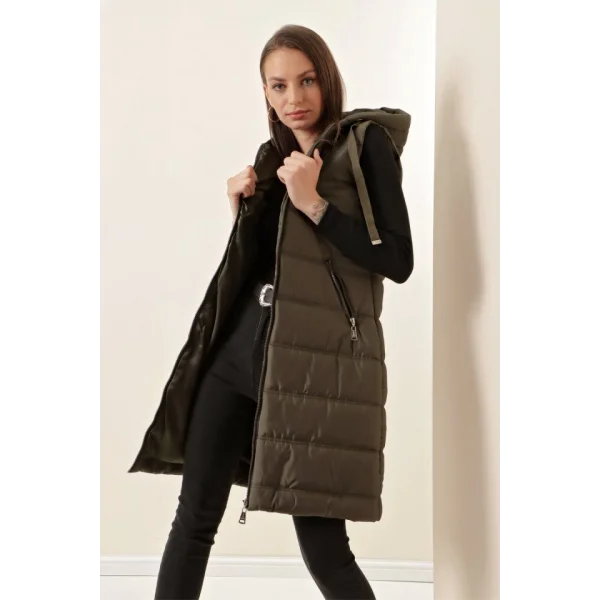 51 Kapşonlu Uzun Şişme Yelek  Haki