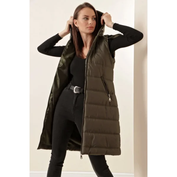 51 Kapşonlu Uzun Şişme Yelek  Haki