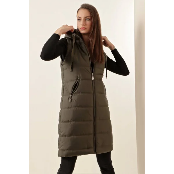 51 Kapşonlu Uzun Şişme Yelek  Haki