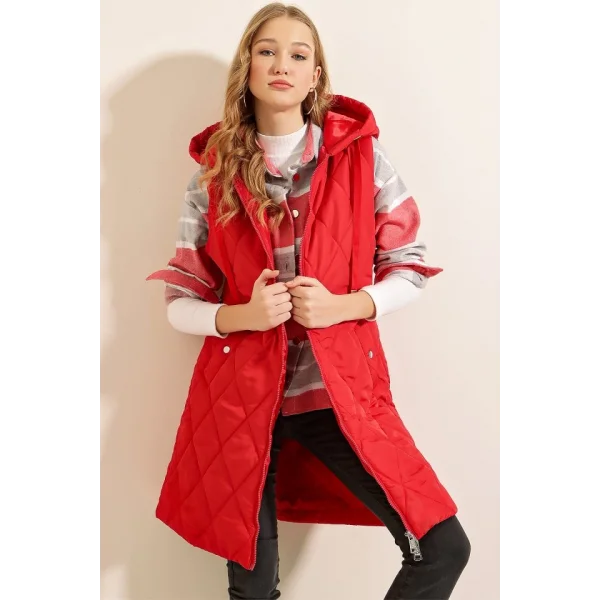 51 Kapşonlu Uzun Şişme Yelek  Kırmızı