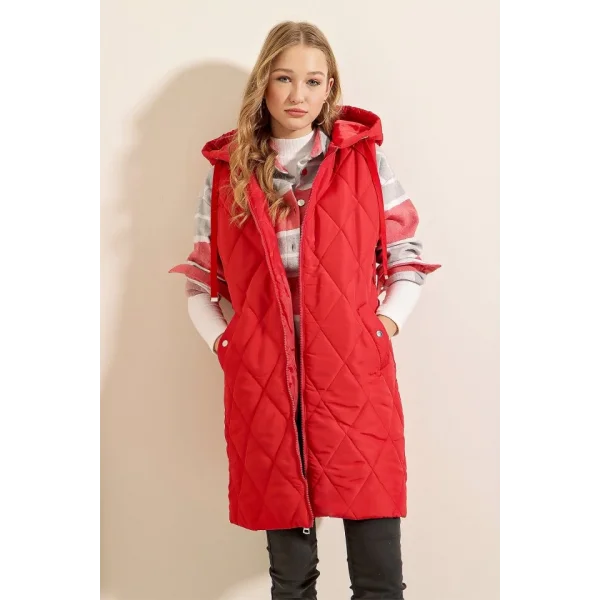 51 Kapşonlu Uzun Şişme Yelek  Kırmızı