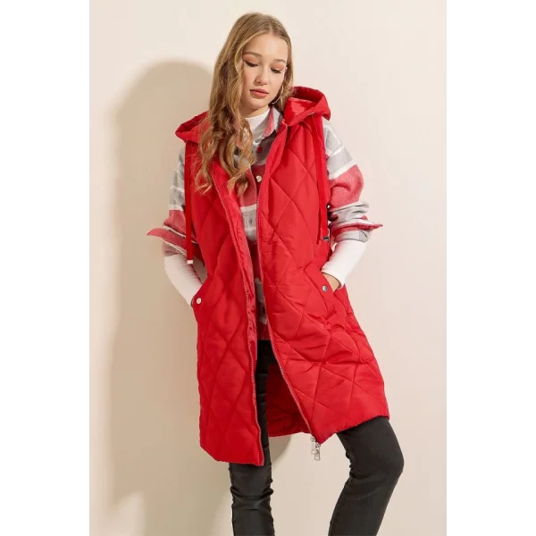 51 Kapşonlu Uzun Şişme Yelek  Kırmızı