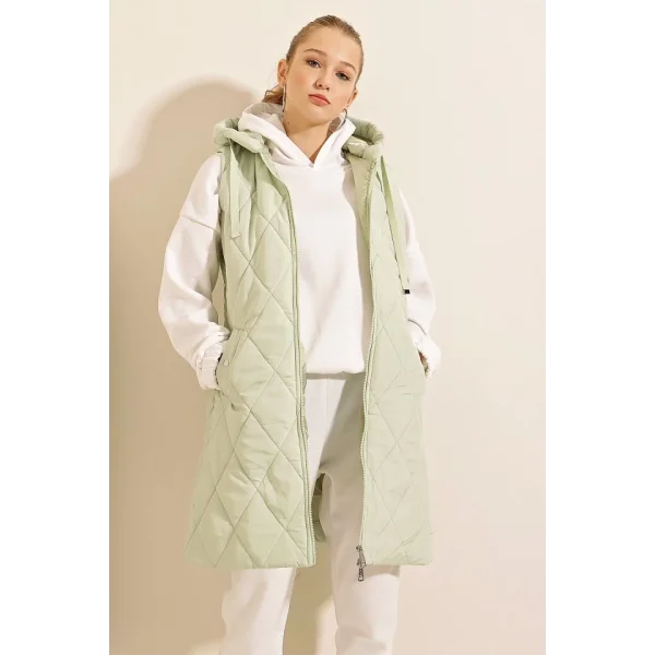 51 Kapşonlu Uzun Şişme Yelek  Mint