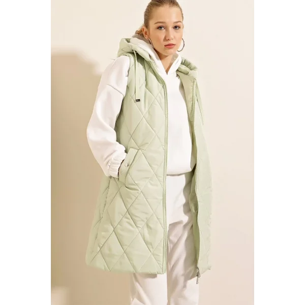 51 Kapşonlu Uzun Şişme Yelek  Mint