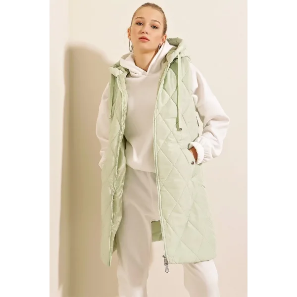 51 Kapşonlu Uzun Şişme Yelek  Mint