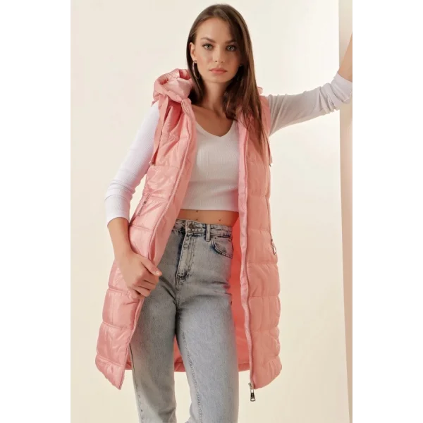 51 Kapşonlu Uzun Şişme Yelek  Pembe