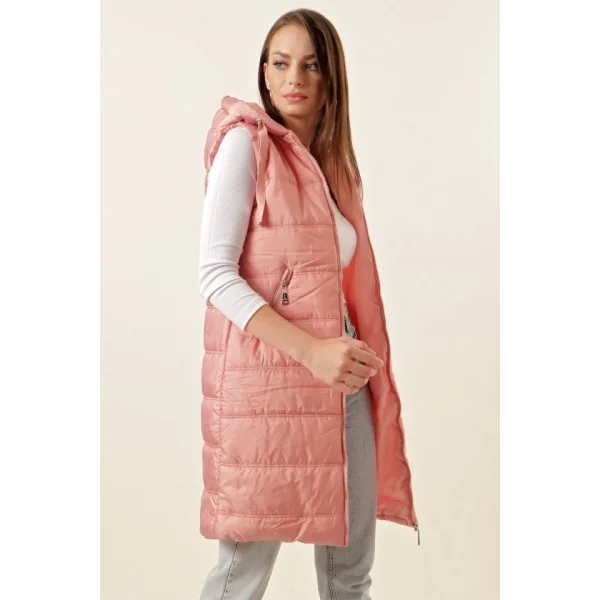 51 Kapşonlu Uzun Şişme Yelek  Pembe