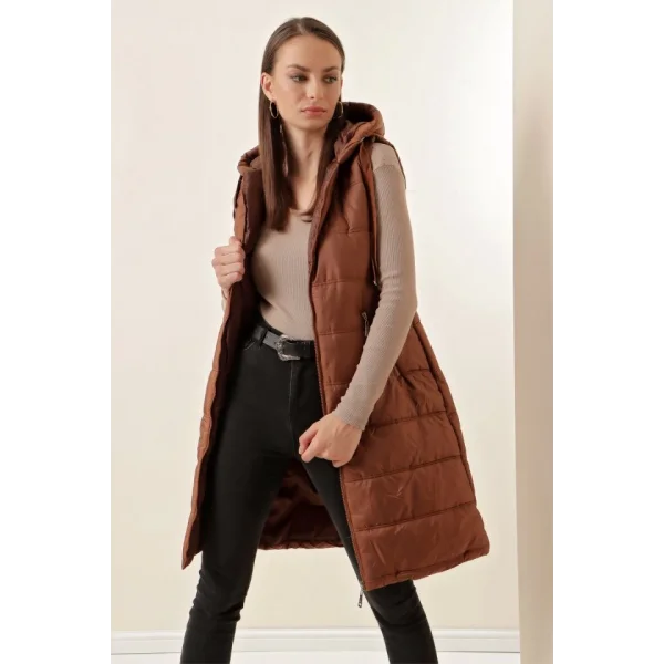 51 Kapşonlu Uzun Şişme Yelek  Taba