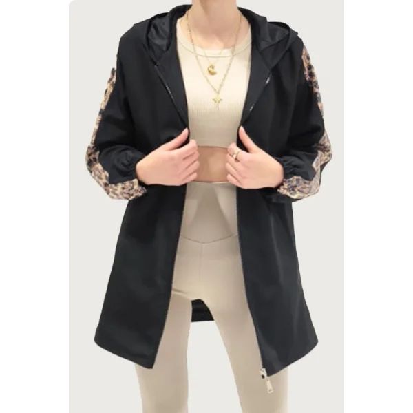 5103 Kolları Payetli Kapüşonlu Mont - Siyah