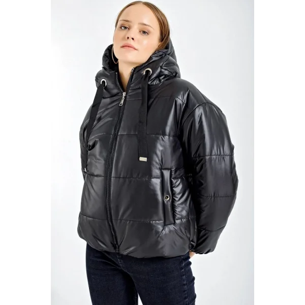 5117 Kapşonlu Şişme Mont  Siyah