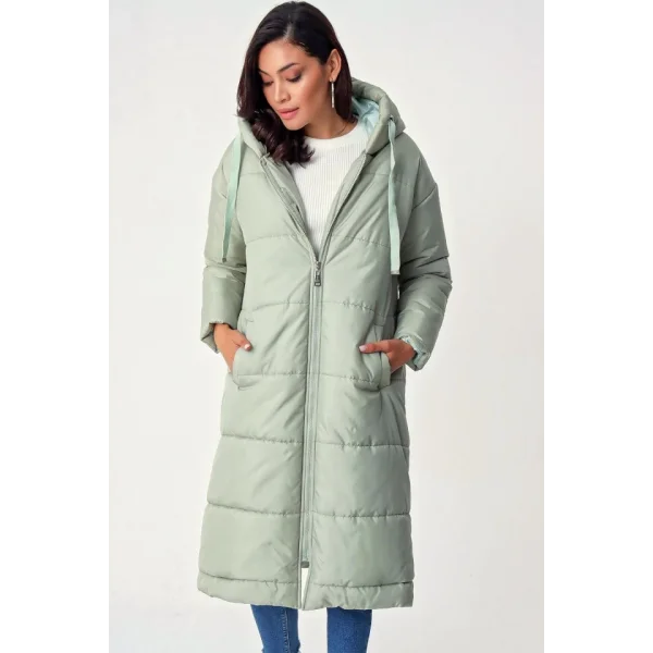 5120 Kapşonlu Uzun Şişme Mont  Mint