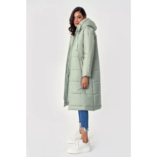 5120 Kapşonlu Uzun Şişme Mont  Mint