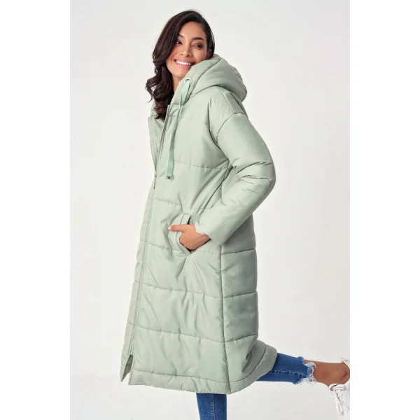 5120 Kapşonlu Uzun Şişme Mont  Mint