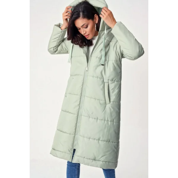 5120 Kapşonlu Uzun Şişme Mont  Mint