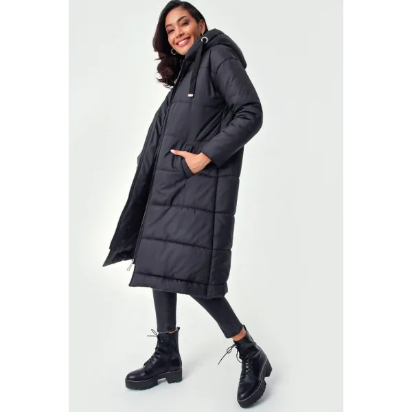 5120 Kapşonlu Uzun Şişme Mont  Siyah