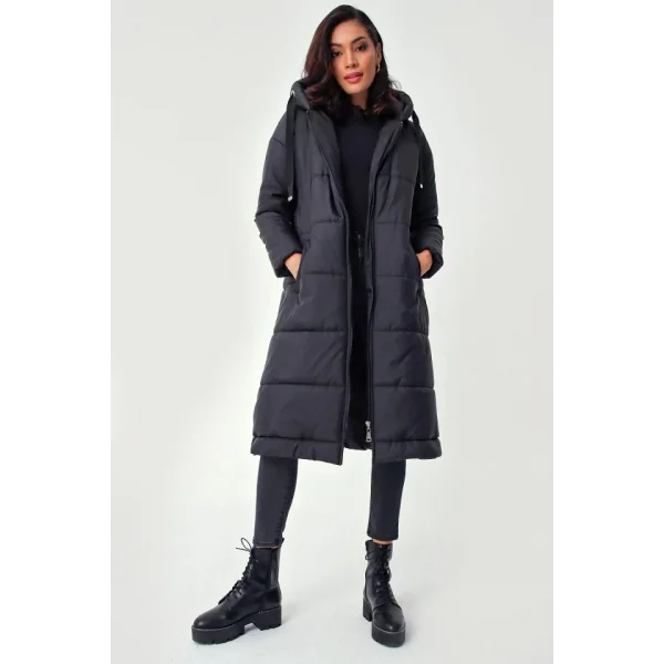 5120 Kapşonlu Uzun Şişme Mont  Siyah