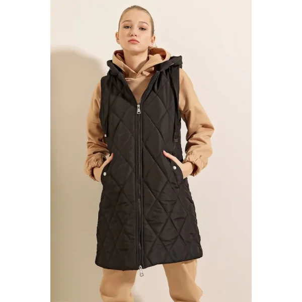 5140 Kapşonlu Uzun Şişme Yelek  Düz Siyah