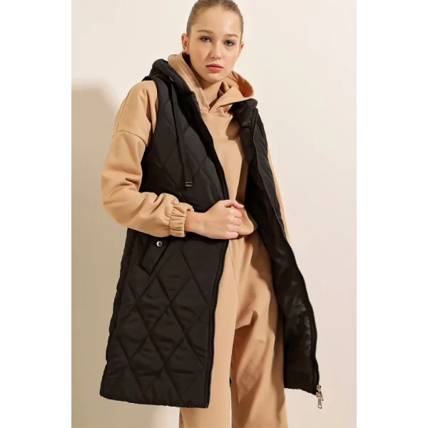 5140 Kapşonlu Uzun Şişme Yelek  Düz Siyah