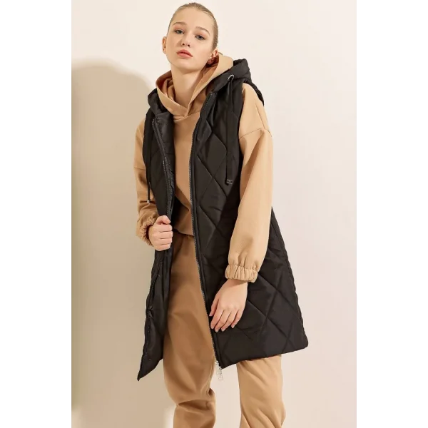 5140 Kapşonlu Uzun Şişme Yelek  Düz Siyah