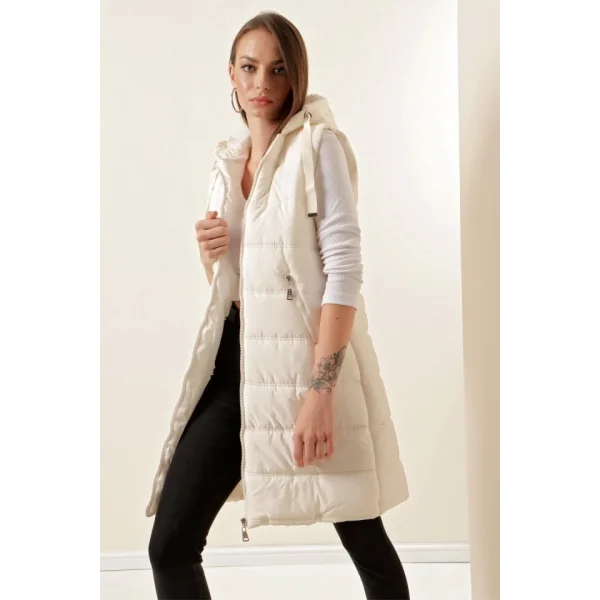 5140 Kapşonlu Uzun Şişme Yelek - Ekru