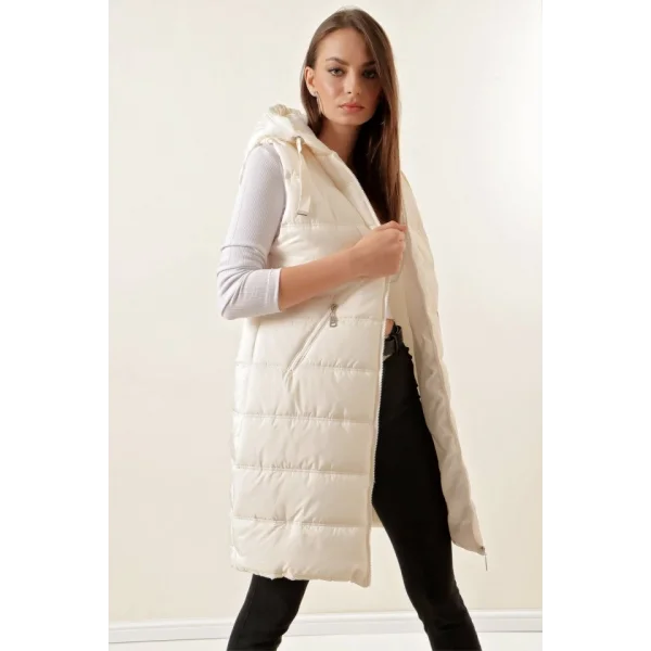 5140 Kapşonlu Uzun Şişme Yelek - Ekru