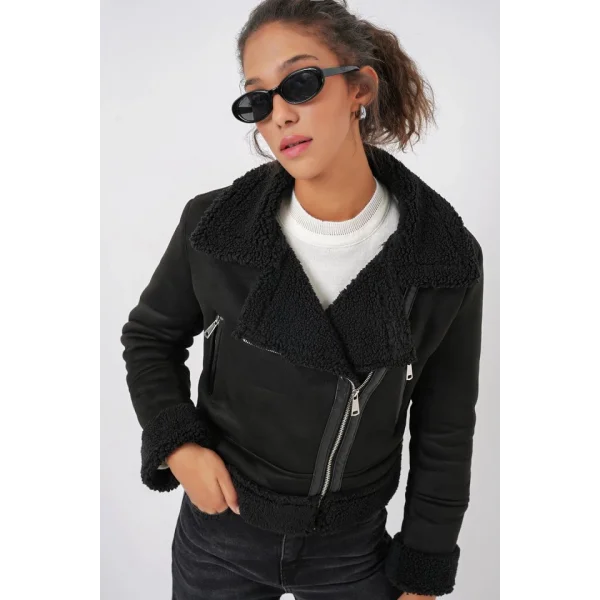 5155 Kruvaze Yaka Suni Kürklü Deri Mont  Siyah