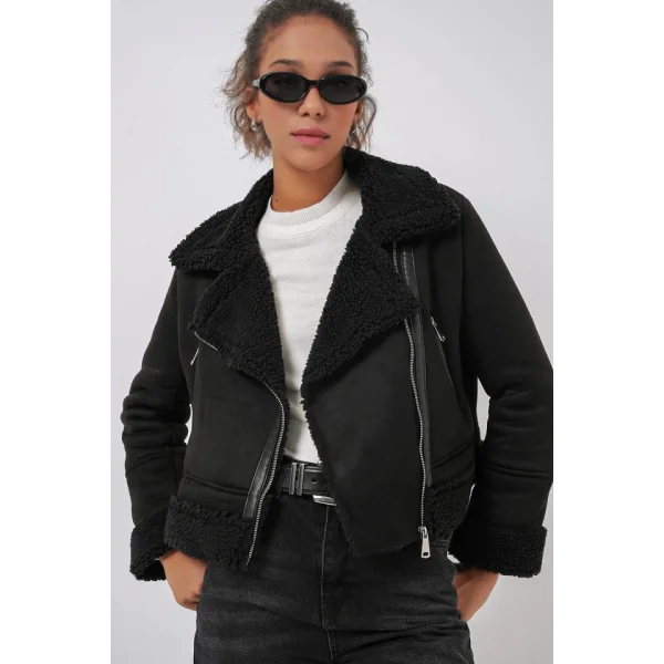 5155 Kruvaze Yaka Suni Kürklü Deri Mont  Siyah