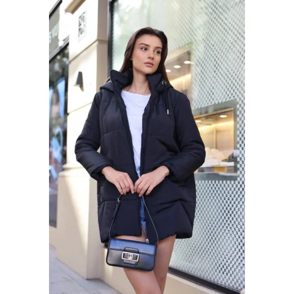 5163 Kapüşonlu Oversize Şişme Mont - Lacivert