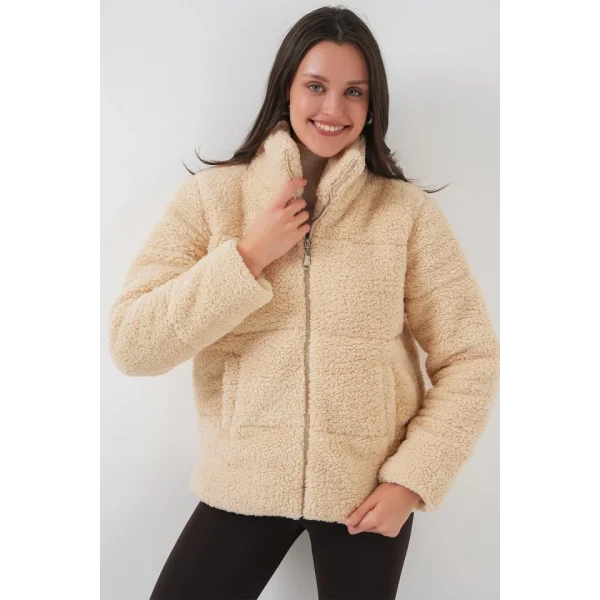 5178 Astarlı Peluş Mont  Krem