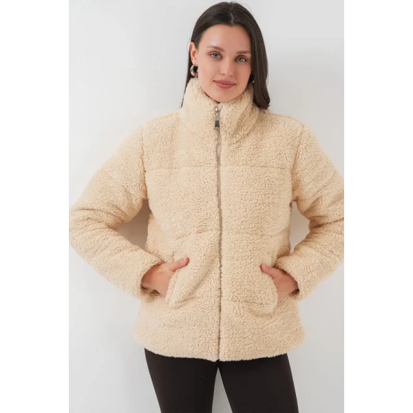 5178 Astarlı Peluş Mont  Krem