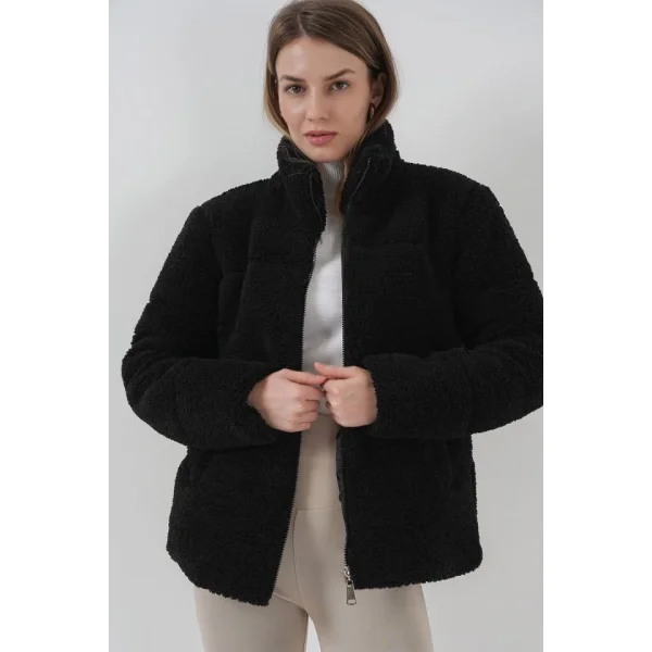 5178 Astarlı Peluş Mont  Siyah