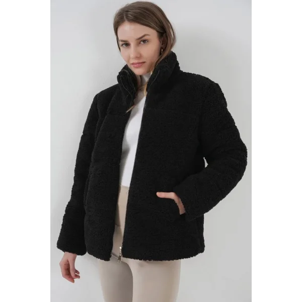 5178 Astarlı Peluş Mont  Siyah