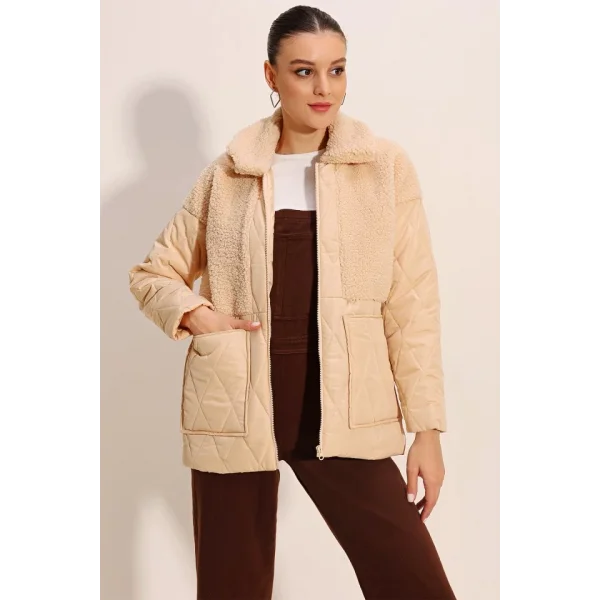 5182 Peluş Detaylı Oversize Şişme Mont  Bej