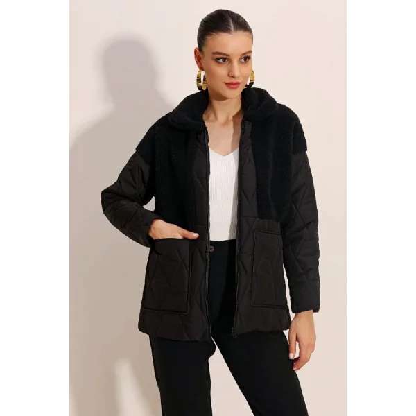 5182 Peluş Detaylı Oversize Şişme Mont  Siyah
