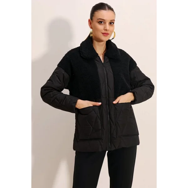 5182 Peluş Detaylı Oversize Şişme Mont  Siyah
