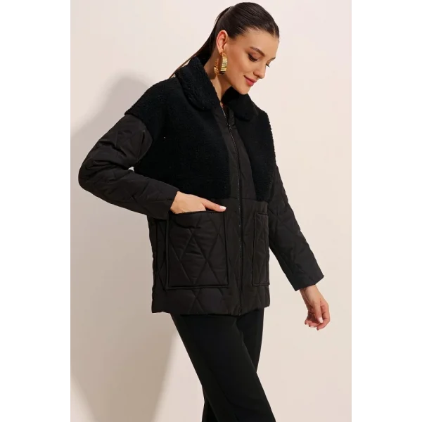 5182 Peluş Detaylı Oversize Şişme Mont  Siyah