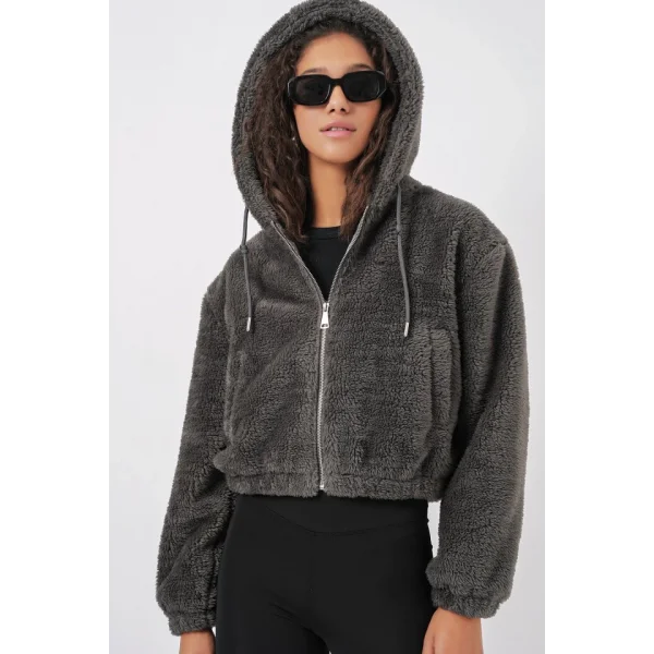 5193 Kapüşonlu Peluş Crop Ceket  Antrasit