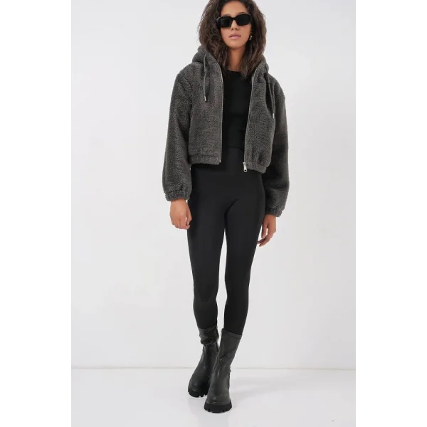 5193 Kapüşonlu Peluş Crop Ceket  Antrasit