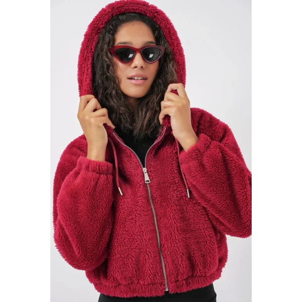 5193 Kapüşonlu Peluş Crop Ceket  Bordo