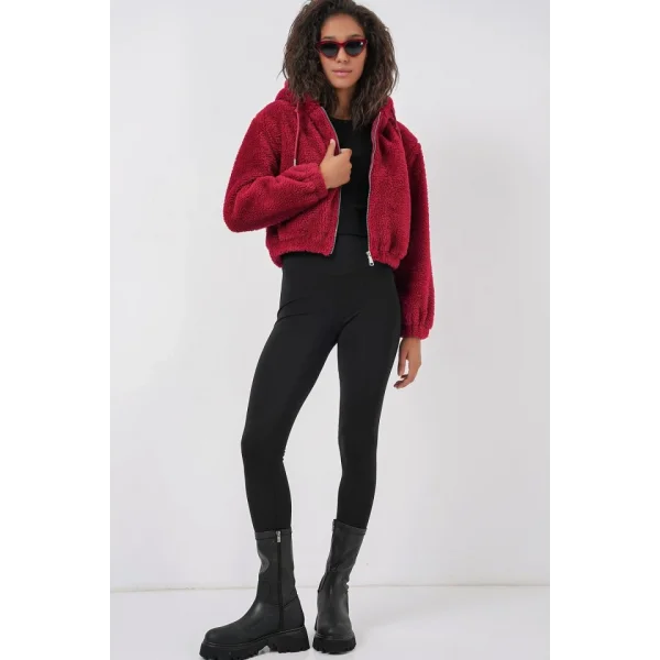 5193 Kapüşonlu Peluş Crop Ceket  Bordo