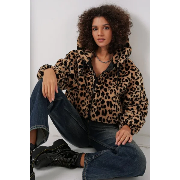 5193 Kapüşonlu Peluş Crop Ceket  C. Kahverengi