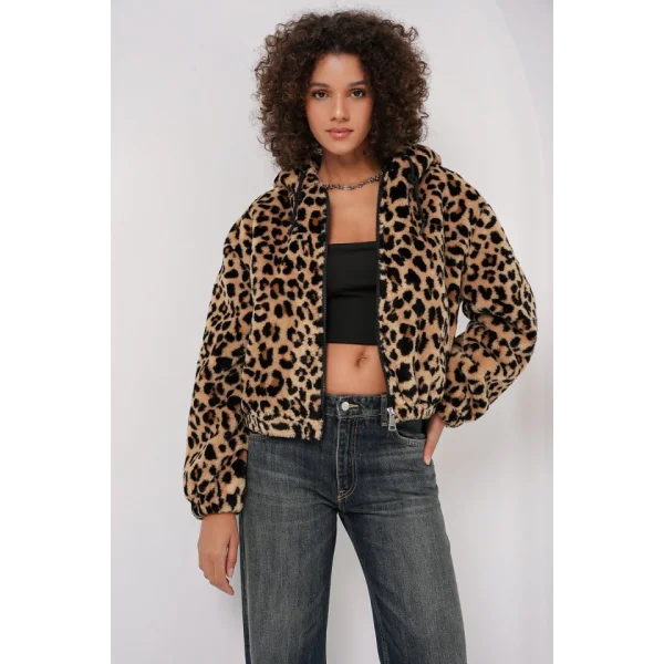 5193 Kapüşonlu Peluş Crop Ceket  C. Kahverengi