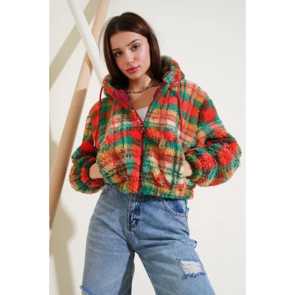 5193 Kapüşonlu Peluş Crop Ceket  Çok Renkli
