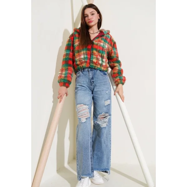 5193 Kapüşonlu Peluş Crop Ceket  Çok Renkli