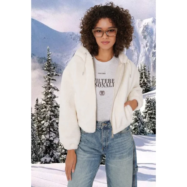 5193 Kapüşonlu Peluş Crop Ceket  Ekru