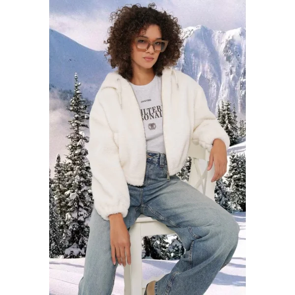 5193 Kapüşonlu Peluş Crop Ceket  Ekru