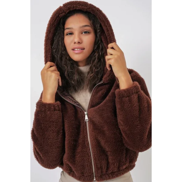 5193 Kapüşonlu Peluş Crop Ceket  Kahverengi