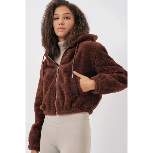 5193 Kapüşonlu Peluş Crop Ceket  Kahverengi