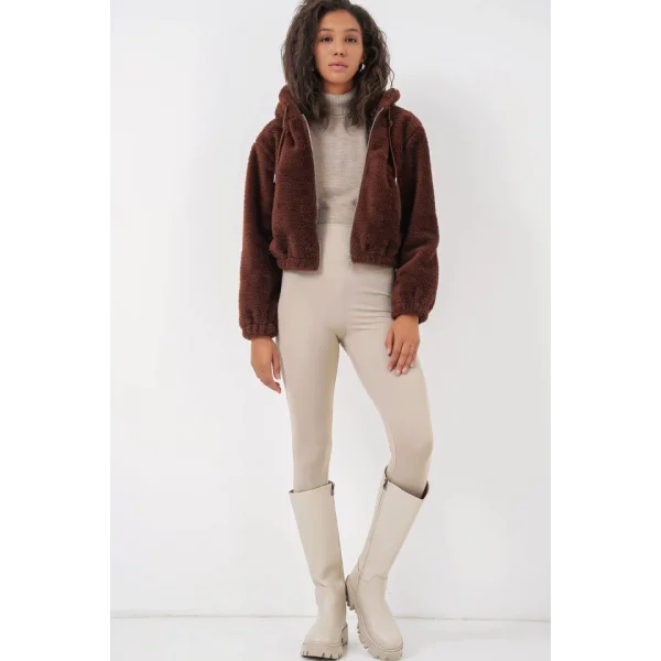 5193 Kapüşonlu Peluş Crop Ceket  Kahverengi