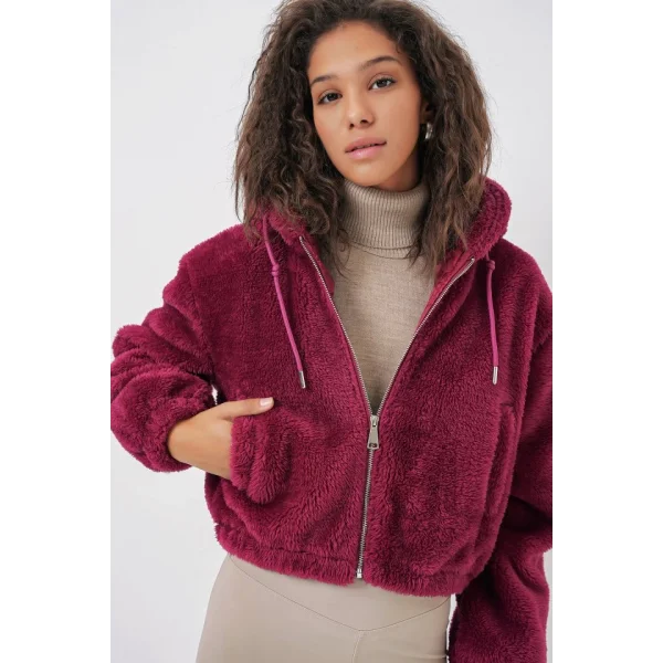 5193 Kapüşonlu Peluş Crop Ceket  Mürdüm